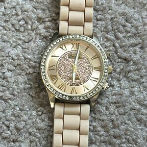 Geneva Platinum women’s vintage tan silicon crystal adjustable bracelet watch